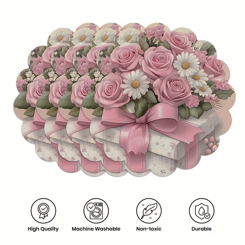 4pcs Round Dining Mat With Pink Rose Theme, 13.8 * 13.8 Inch Polyester Table Mat. Suitable For Dinners, Home Decor, Festive Atmosphere, Anti Slip, Easy To Clean, High-definition Printing. Washable