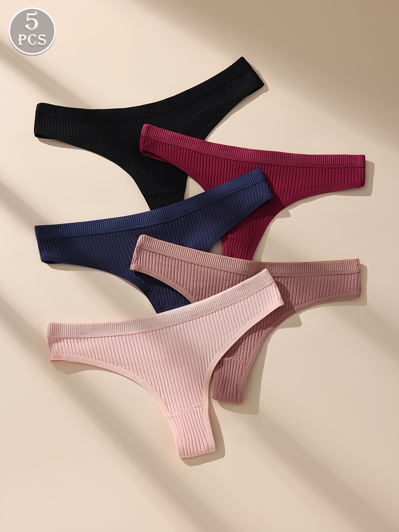 5pcs Soft & Breathable Women's Thongs - Sexy Low-Rise Ribbed Underwear in Black, Navy Blue, Maroon, Dark Pink & Light Pink, Hand Wash Only