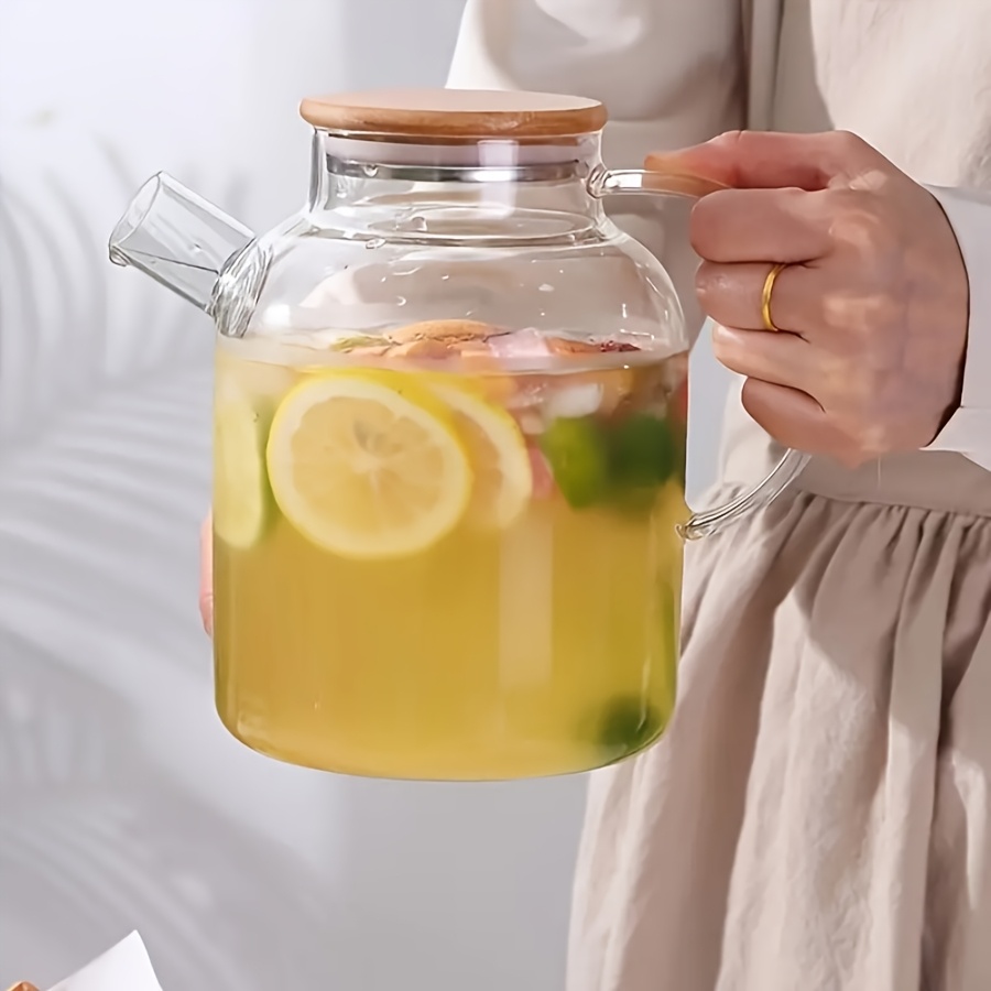 1pc Bamboo Lid Kettle With Handle, Tea Filter Included, For Brewing Flower Tea And Loose Tea, Refrigerator Safe, Large Capacity Home Water Jug And Teapot