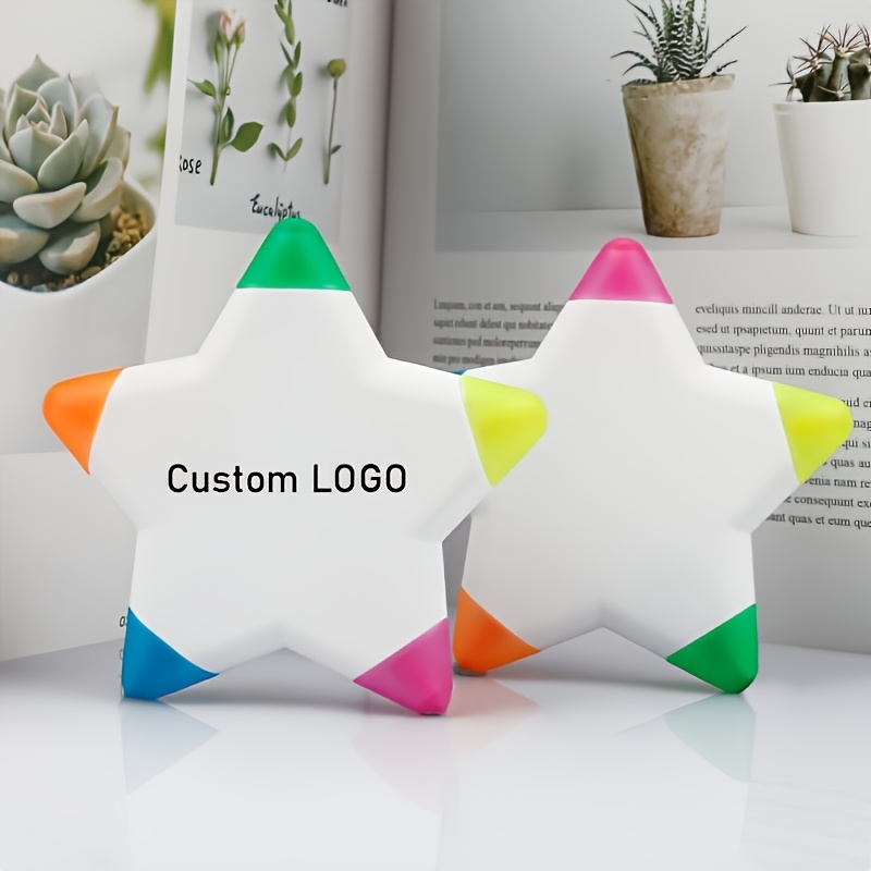 Surligneurs personnalisés en forme d'étoile cinq couleurs, avec logos personnalisables. Mini et portables, idéaux pour cadeaux promotionnels dans les bureaux et les écoles