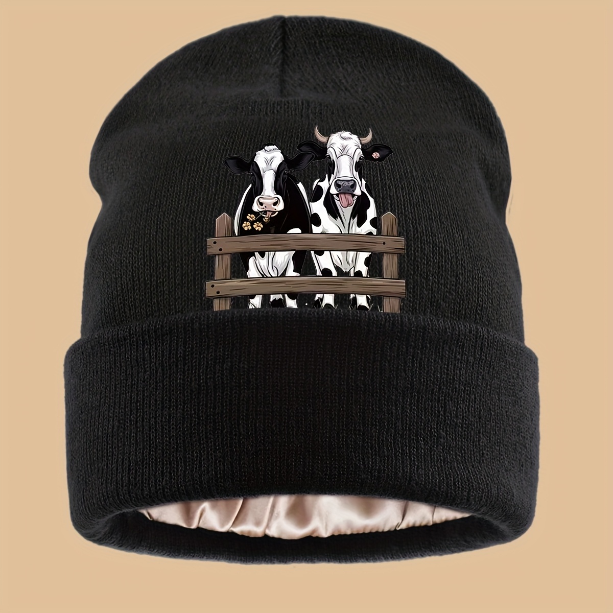 TEMU 1 bonnet imprimé motif vache cartoon ludique avec doublure, style , léger et confortable, tendance et , bonnet de sport pour couple, options