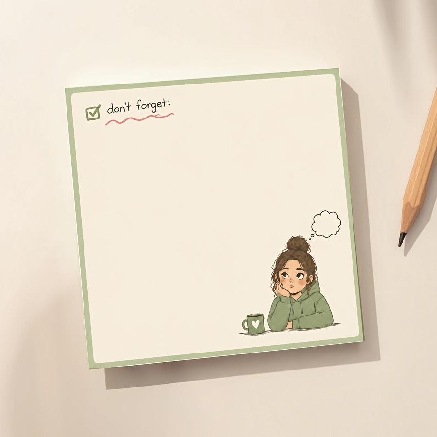 TEMU Bloc-notes esthétique "Ne Pas ", illustration de fille mignonne et chaleureuse avec bulle de réflexion, sweat à capuche vert et tasse à cœur,