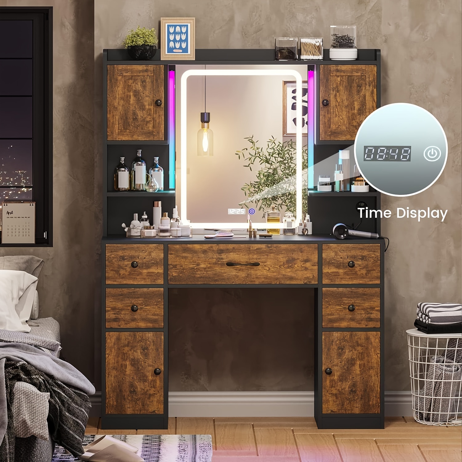 

Makeup Vanity Desk With Lights And Charging Station, With Mirror, Time Display, Makeup Table With Drawers, Rustic Brown