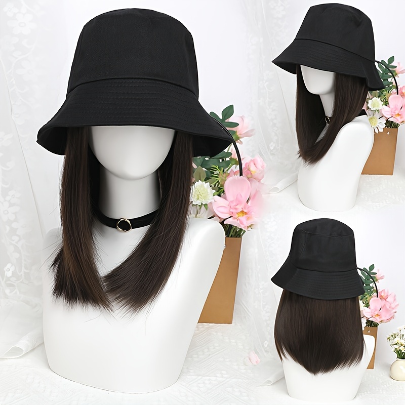 

Elegant 12-inch Straight Hair Wig With Removable Hat For Women, Fiber Synthetic Bob, Network Cap, Universal Size - Stylish Sunshade Bucket Hat Combination Wig For