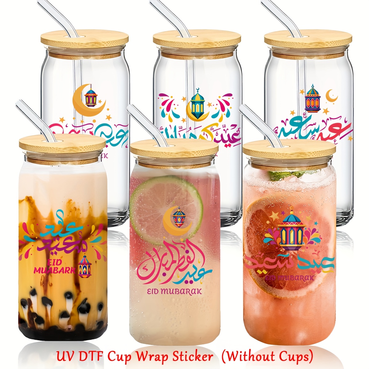 

6-pack Ramadan Uv Dtf Pvc Transfer Paper, 16oz Glass Cup Wrapping Decals, Diy Crafts, Party Favor Supplies, Waterproof Bottle Labels For Eid Decorations