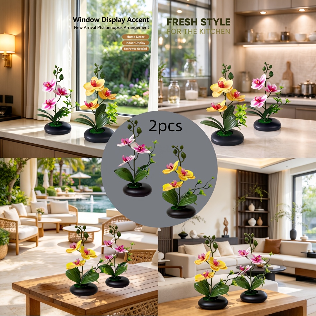 TEMU 2pcs Mixed Color Artificial Phalaenopsis Orchid Potted Plants, White Purple Heart And Floral Pots, Petals Scattered And Relaxed, Green Leaves