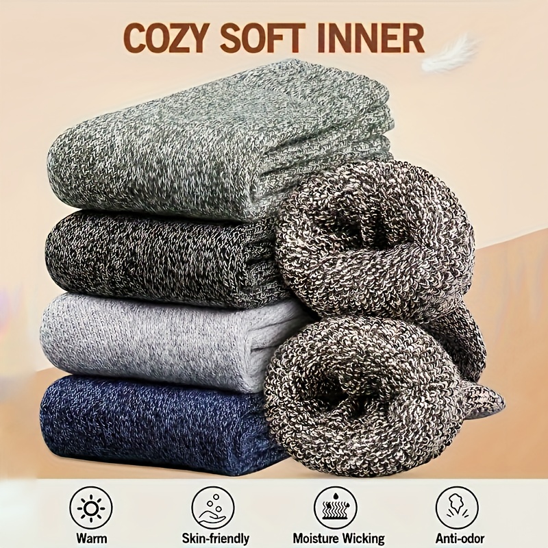 3 Pairs Men's Winter Warm Socks, Thick Towel Mid-Calf Socks, Anti-Cold Snow Boots Socks, Size 39-44, Polyester Blend, Elastic, Solid Color, Hand Wash or Dry Clean, Knitted Fabric