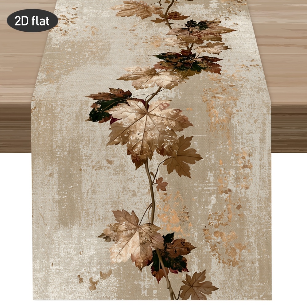 TEMU 1pc, 2d Flat Printing, Quiet Retro Style Brown Leaf Vine Mottled Bottom Autumn Table Runner, Printed Polyester Tablecloth Table Runner, Kitchen