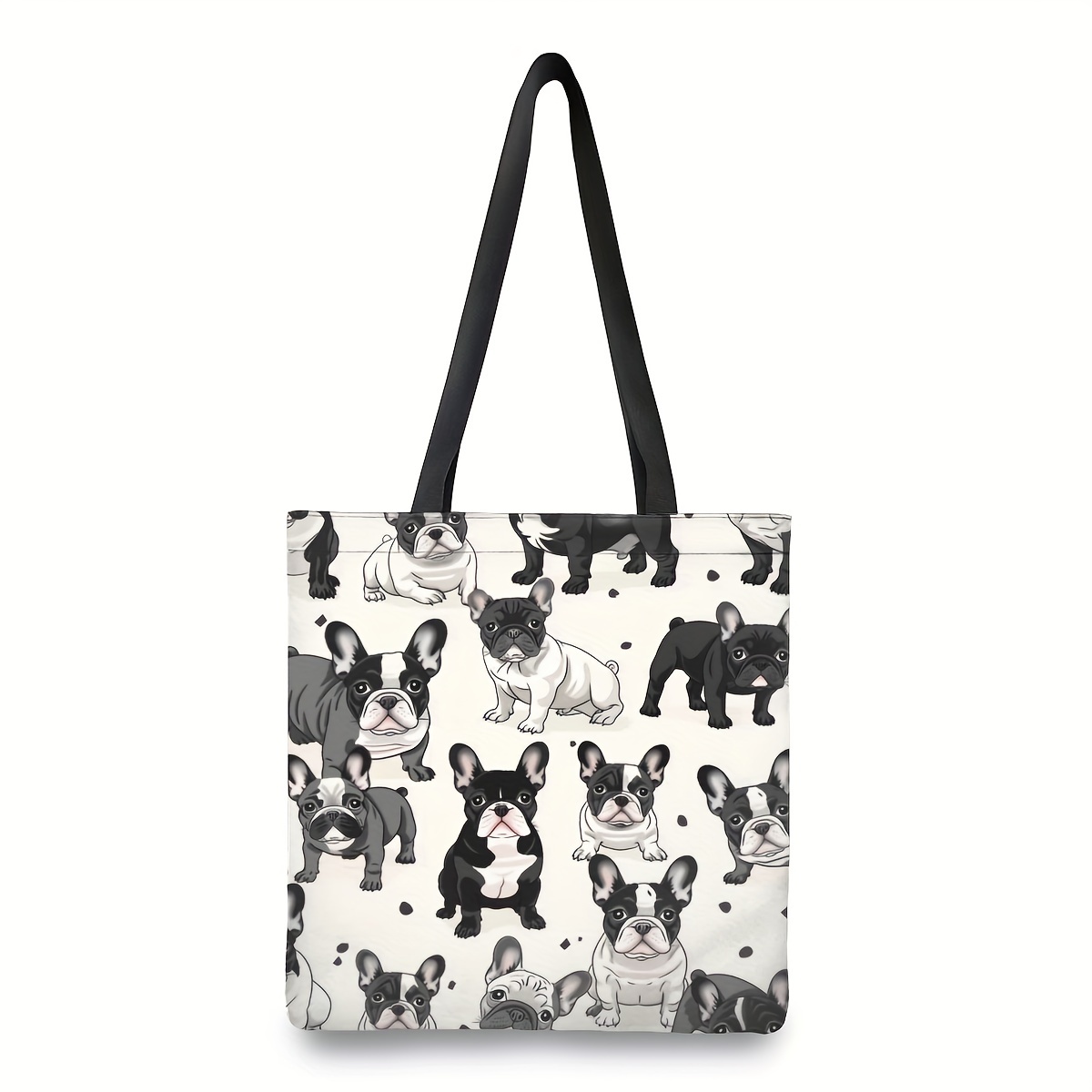 

1pc Polyester Cute French Bulldog Print Tote Bag With Wristlet, Reusable Square Shoulder Grocery Bag, Shatterproof Large Capacity Casual Handbag For Work, School, Shopping