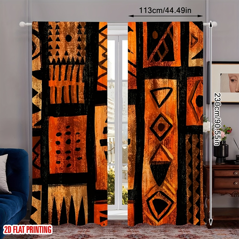 TEMU 2 pièces de Rideaux à Tribaux Africains - 100% Polyester Semi- Contemporain avec Géométriques , Lavable en Machine pour Intimité et Filtrage