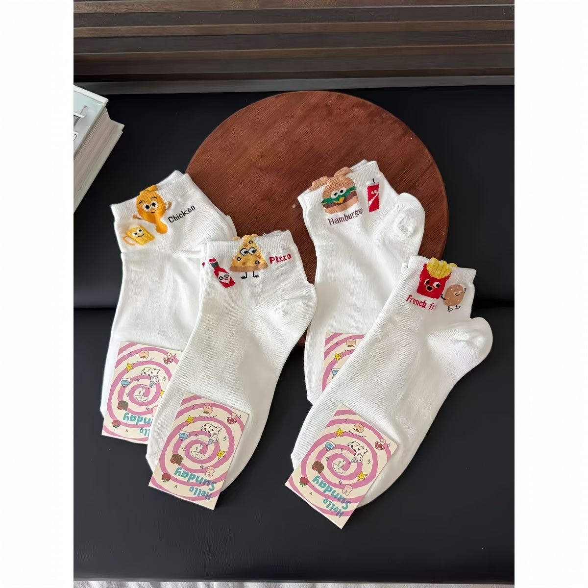 E-shop 4 Paar Damen Socken mit lustigen Hamburger Pommes Cartoon Motiven, dünne kurze Socken für Frühling und Sommer, süße Herzkreisförmige vielseitige