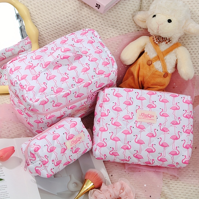 white background flamingo quilted women's makeup bag large Temu