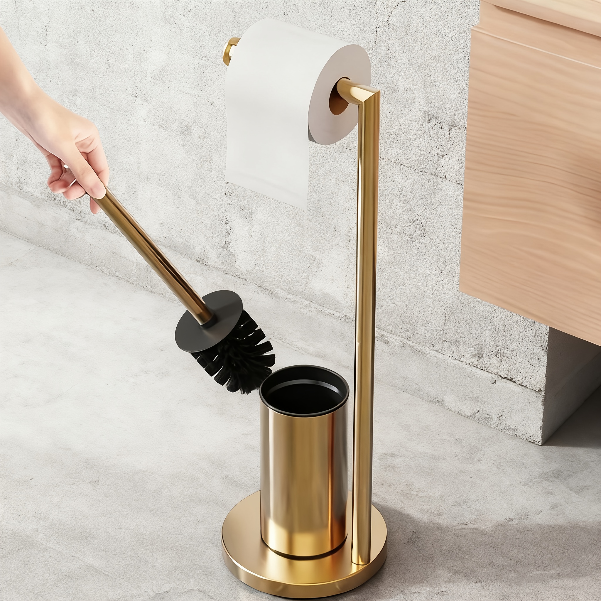stainless tissue holder freestanding tissue rack golden toilet paper roll holder integrated floor standing toilet brush and tissue holder suitable for bathrooms and restrooms