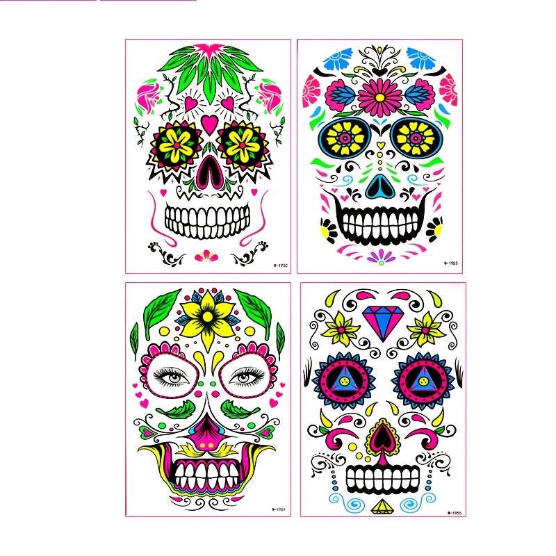 TEMU 4 Bögen Leuchtende Zucker Schädel Gesichtsaufkleber, Glow in the Dark Tag der Toten Temporäre Gesichtstätowierungen für Karneval Halloween Neon