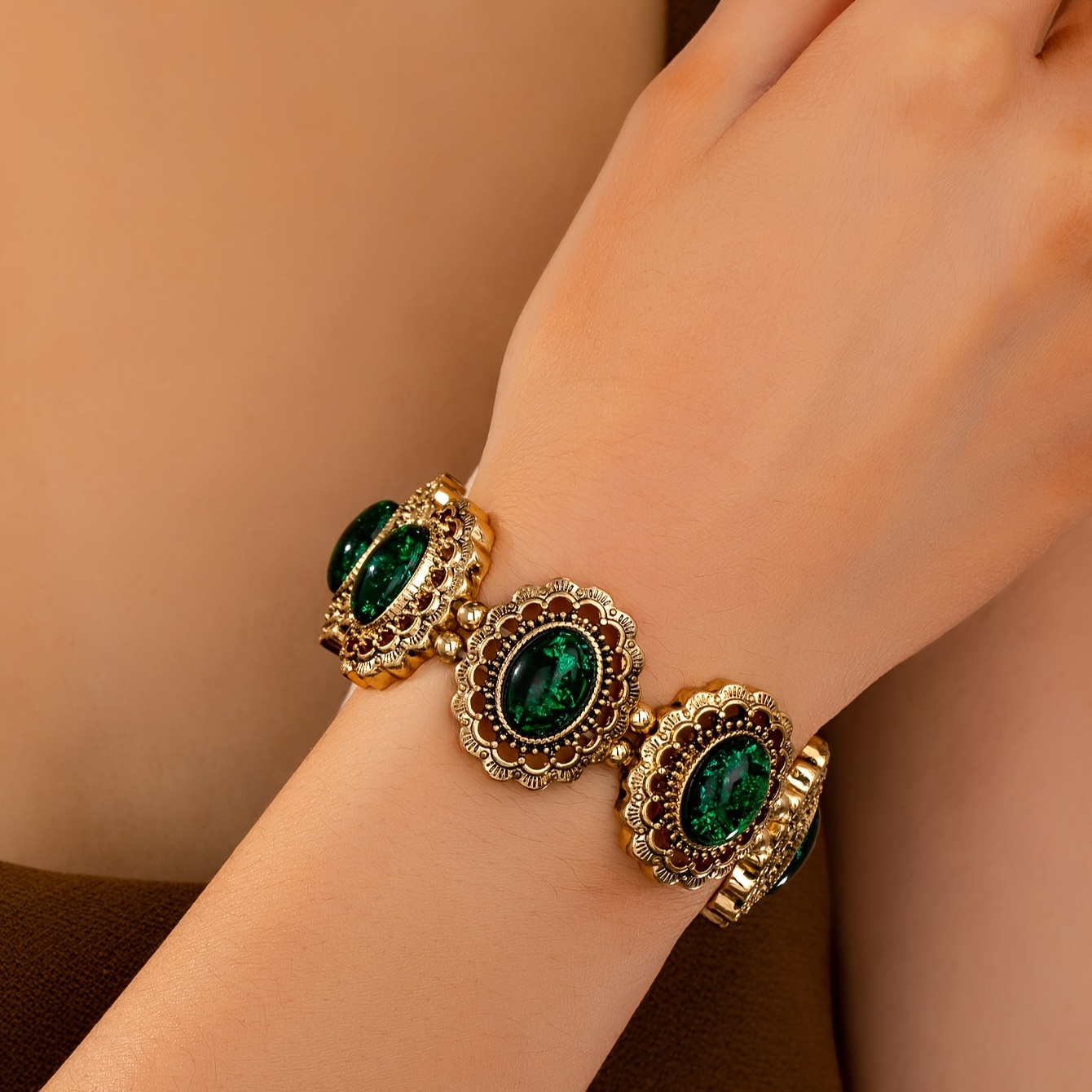 TEMU Elegant Vintage- Resin & Alloy Cuff Bracelet With Intricate Design - Or Parties, Versatile Accessory|vintageinspired Bracelet| Alloy Jewelry,