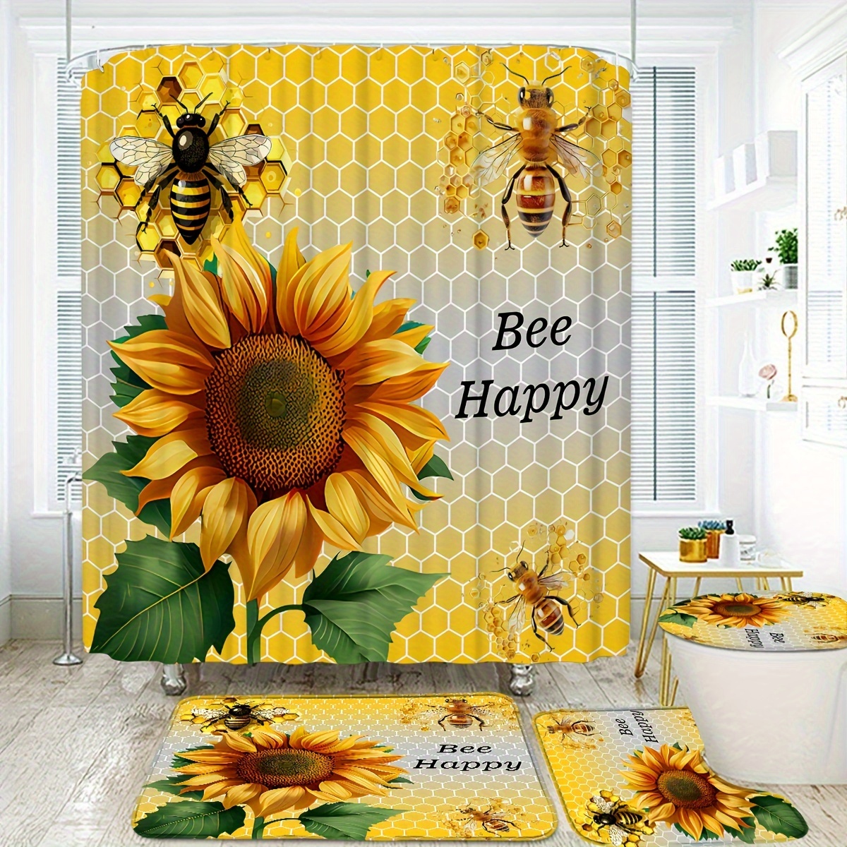 

4-piece Bee & Sunflower Shower Curtain Set - Waterproof Polyester, Includes Non-slip Bath Mat, Toilet Lid Cover, U-shaped Rug & Hooks - Charming Honeycomb Design For All Seasons