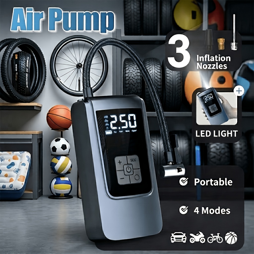 TEMU Cordless Portable Tire Inflator, 150psi Compressor With Led Emergency Light, 4 Inflation , 3 Nozzles, Auto Shutoff, Rechargeable Electric Air