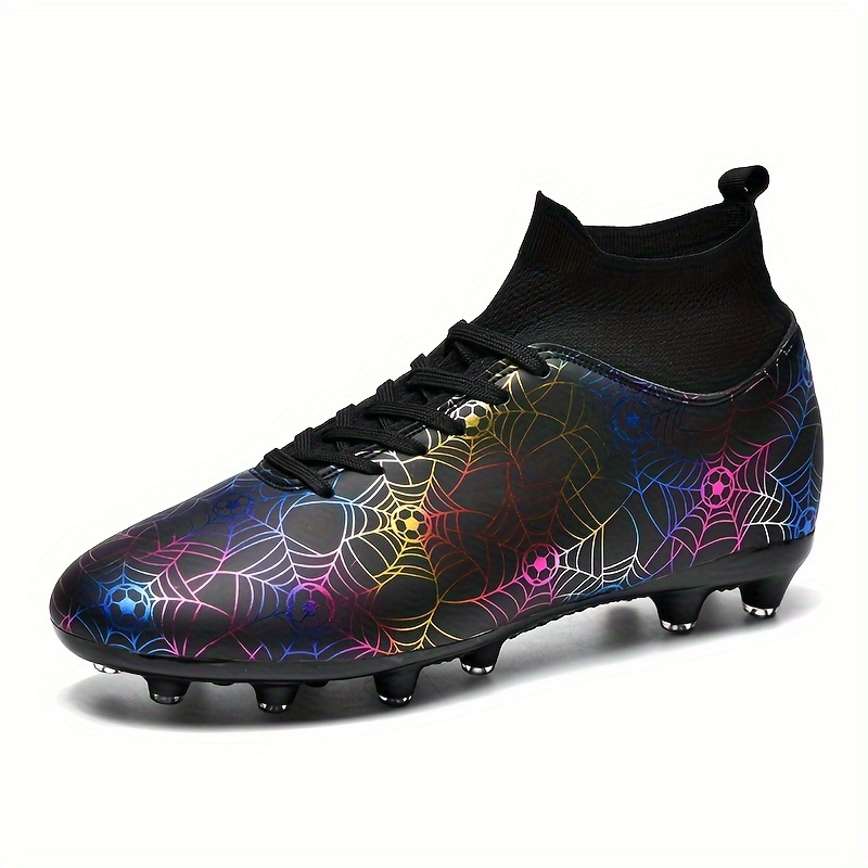 

Men's Trendy Color Spider-web Pattern Ag Soccer Shoes, High Top Football Shoes, Durable For All Seasons Outdoor Training And Competition