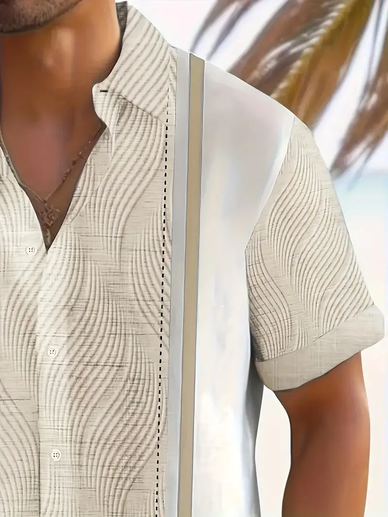mens geometric striped short sleeve lapel shirt top casual button up shirt for summer and vacation resorts details 3