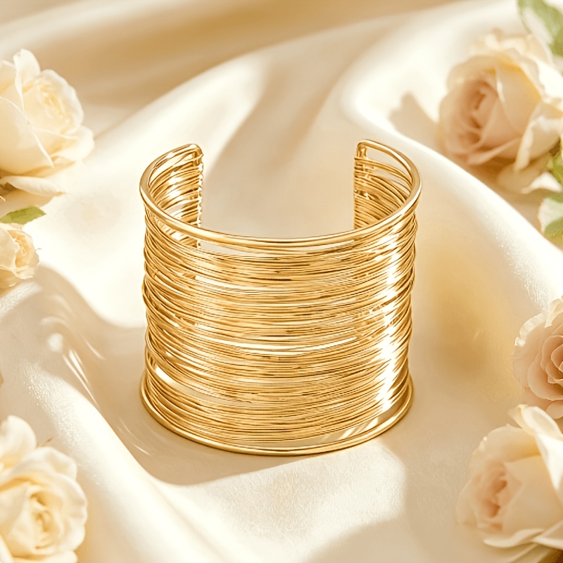 TEMU 1pc Light Luxury Bangle Women's Golden Silvery Dual-tone Stacked Metal Bracelet Easy Premium Daily Commute Party Decor Hand Accessory Gift For