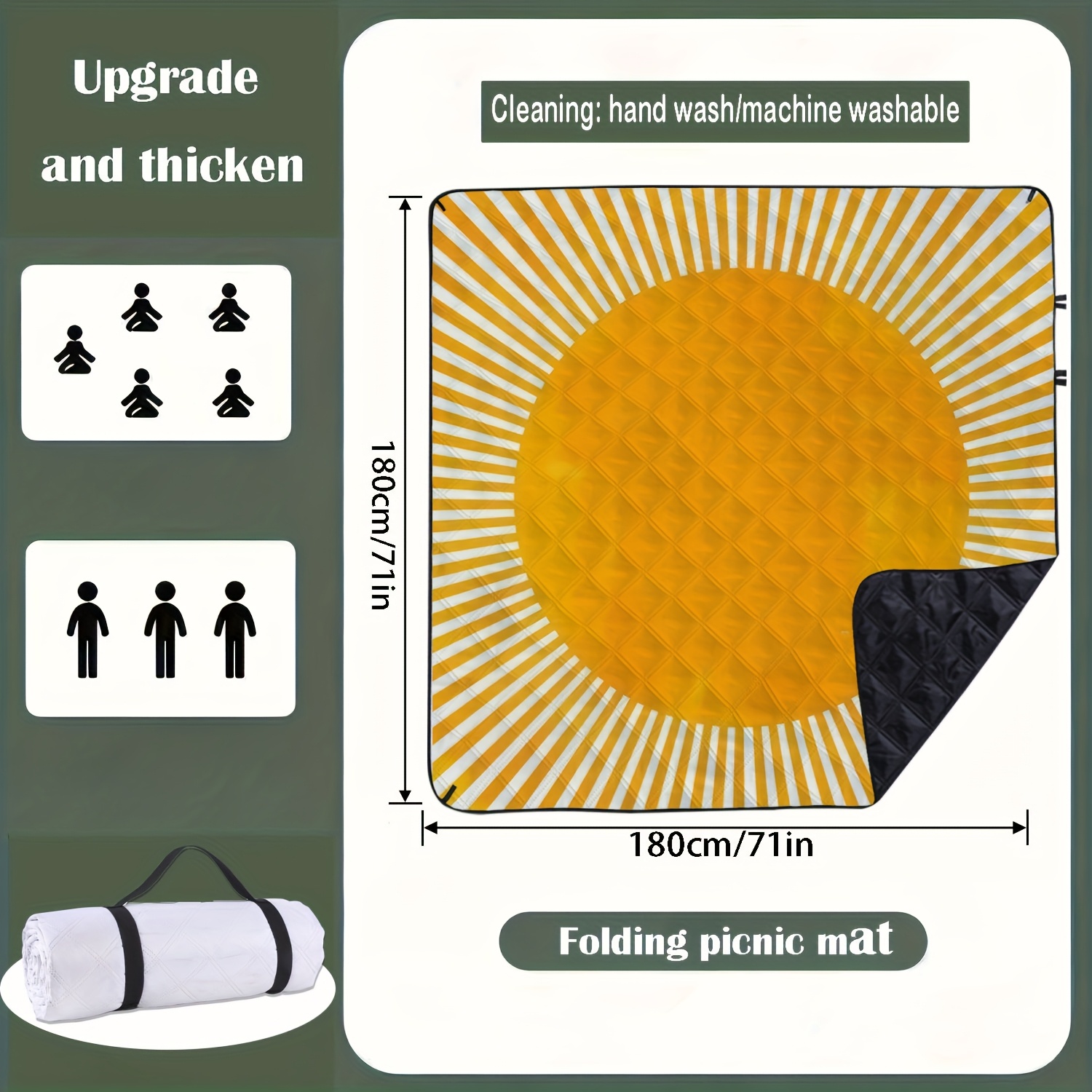 TEMU This 1pc Outdoor Mat Features A Minimalist Sun , Perfect For Picnics And Camping. It Has A Tear-resistant Bottom, Is Sand And Grass Resistant,
