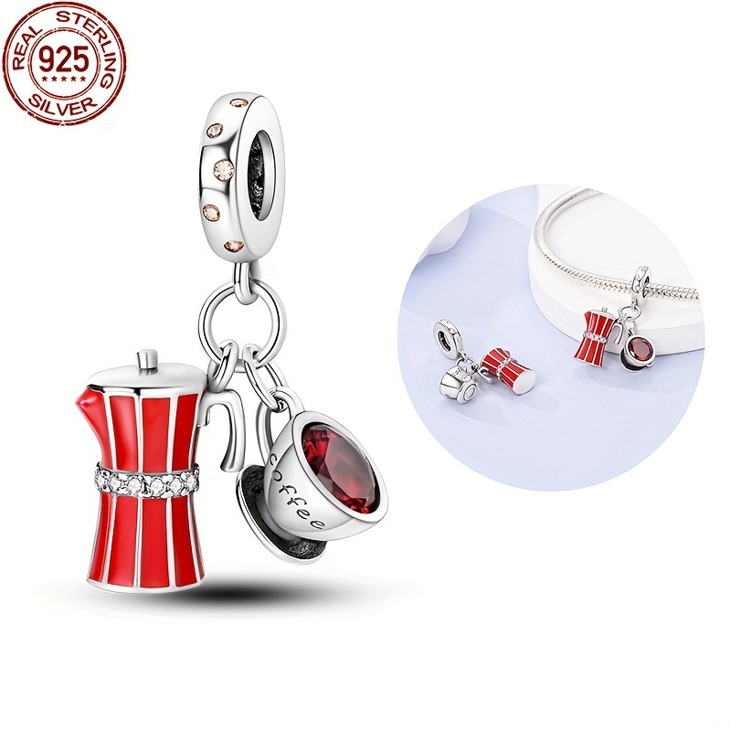 

S925 Sterling Silver Mocha Pot With Coffee Cup Charm Suitable For Original 3mm Bracelets And Bangles Diy Beads Suitable For Ladies Birthday Fine Jewellery Gifts