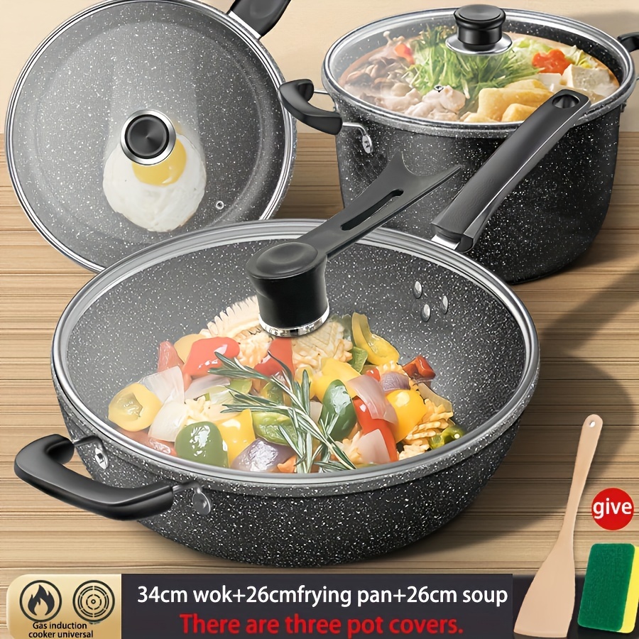 3pcs non stick   set with lids   soup frying wok pans for versatile kitchen use details 2