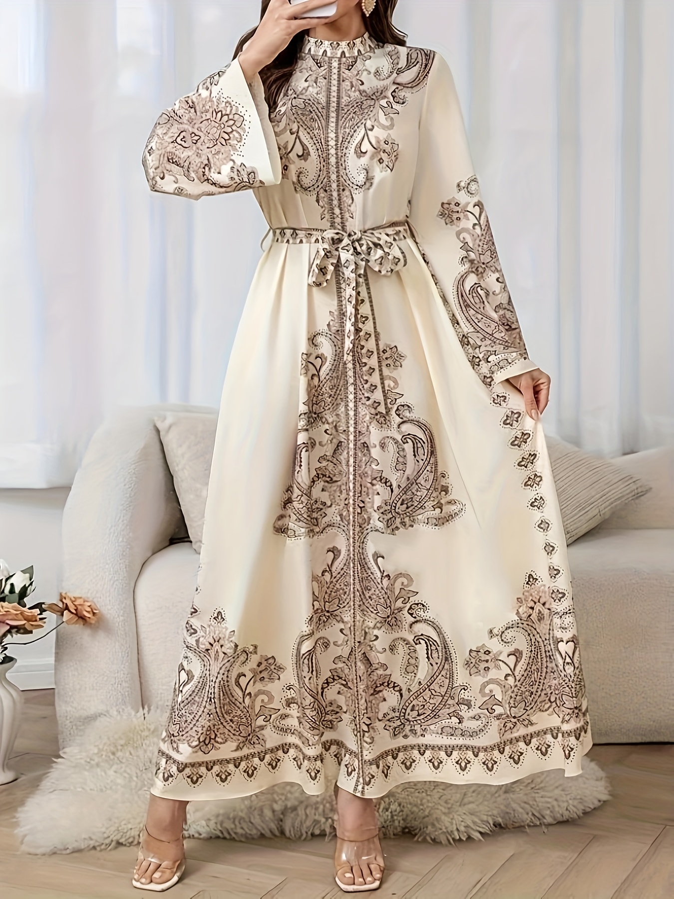 Elegant Beige Long Sleeve Maxi Dress with Intricate Paisley Print, Belted  Waist, and Flowing Design Vacation or Casual Vacation Dress Belted 