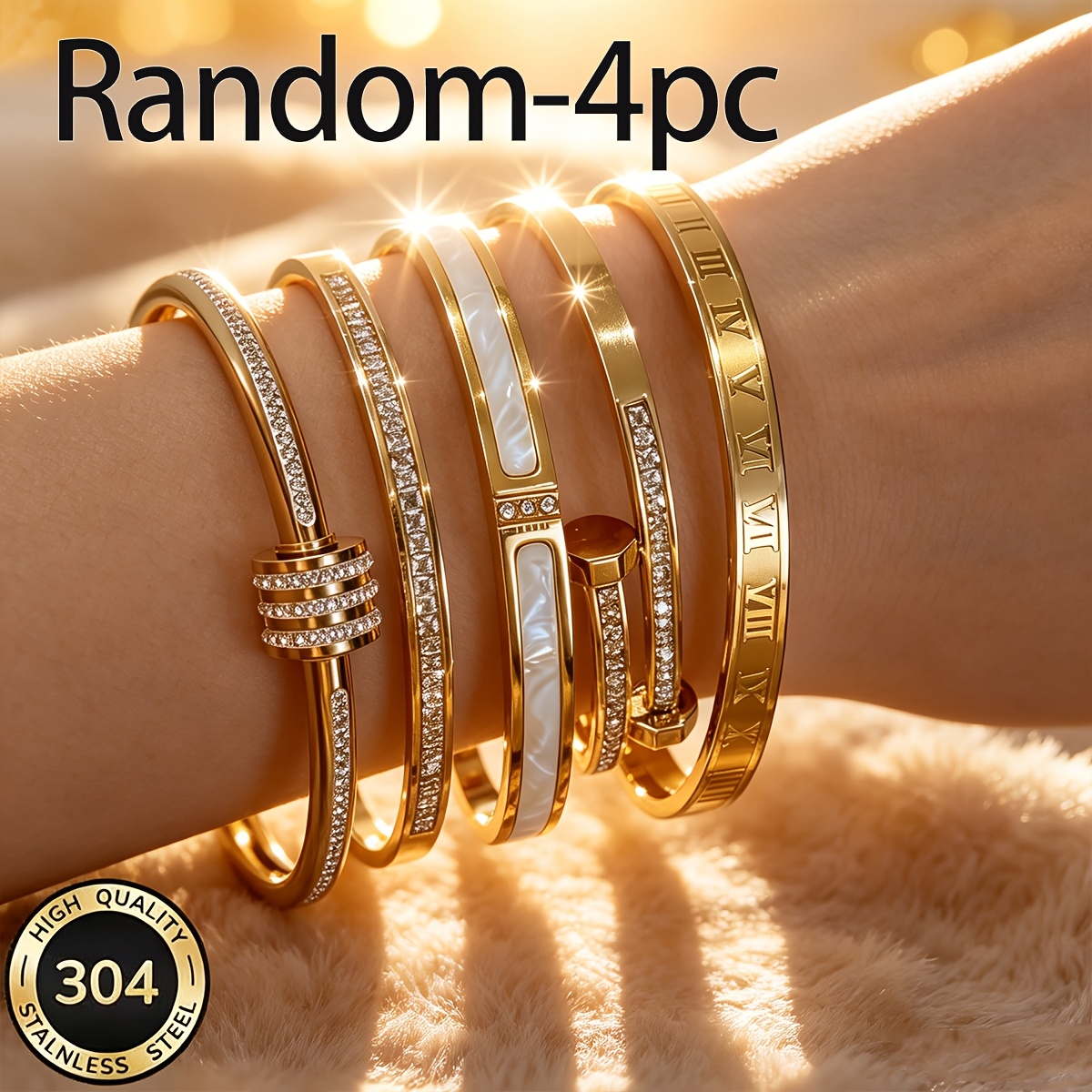 TEMU 4pcs Set, Random Styles, Elegant 18k Gold-plated Ladies' Stainless Steel Bracelet Set, Stackable Bracelets, Fashionable Design, Suitable For