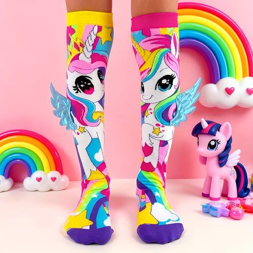 a pair of kids over the knee socks with 3d rainbow unicorn decorations suitable for kids daily wear festival party outfits and vacation looks in autumn and winter make great festival gifts