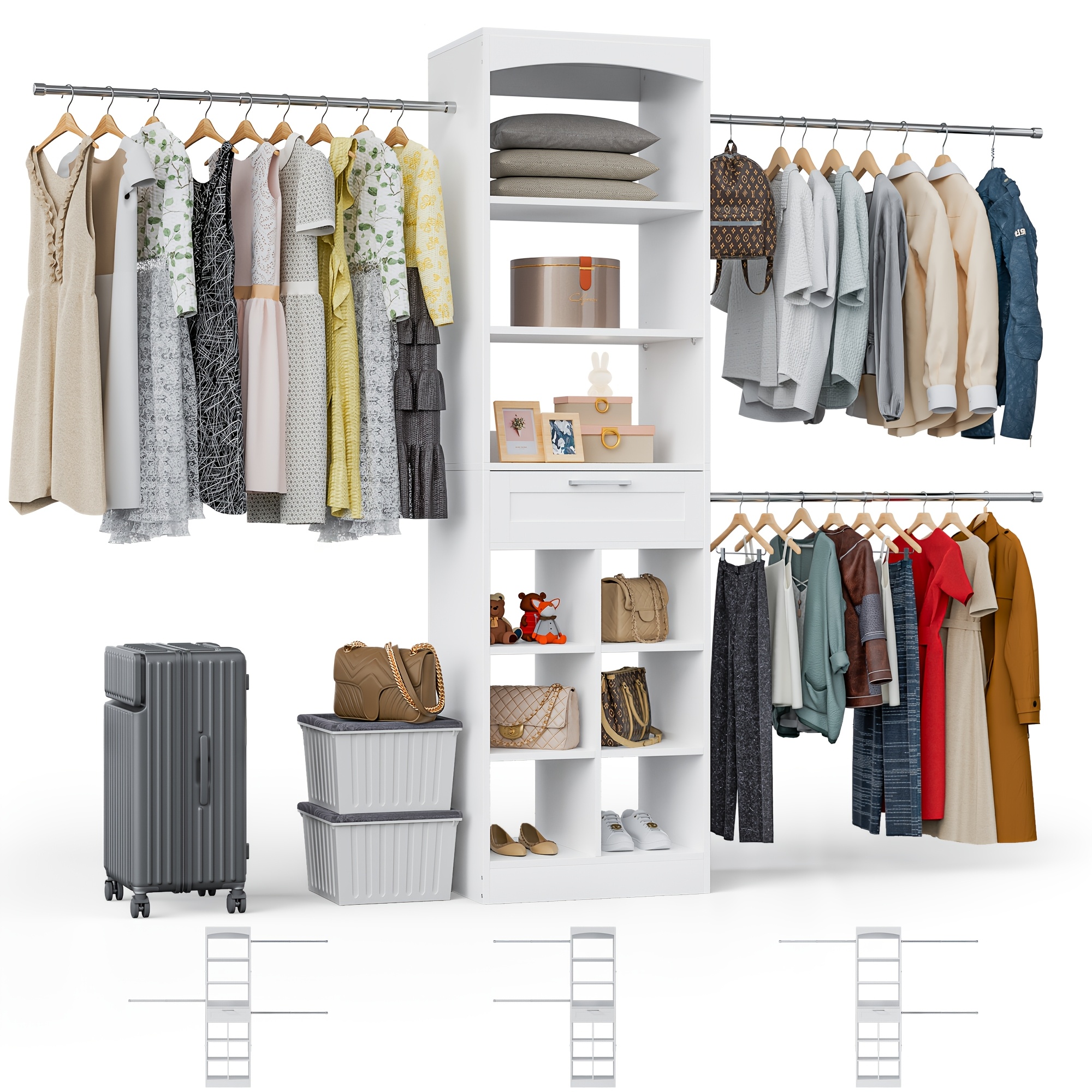 TEMU 4-8ft Tall White Modern Organizer Tower With 10 Drawers & Shelves, Heavy-duty Modular Wardrobe Storage With Hanging Rods, Fits 60-96.7" Walk-in