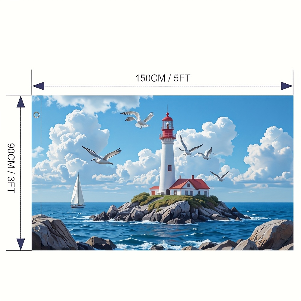 Image of 1pc, Vitality Flag, Lighthouse Sailboats Design, Polyester, Perfect For Festivals, Parties, Home & Garden Decor, Parade Decoration, Party Decoration, No Pole Included