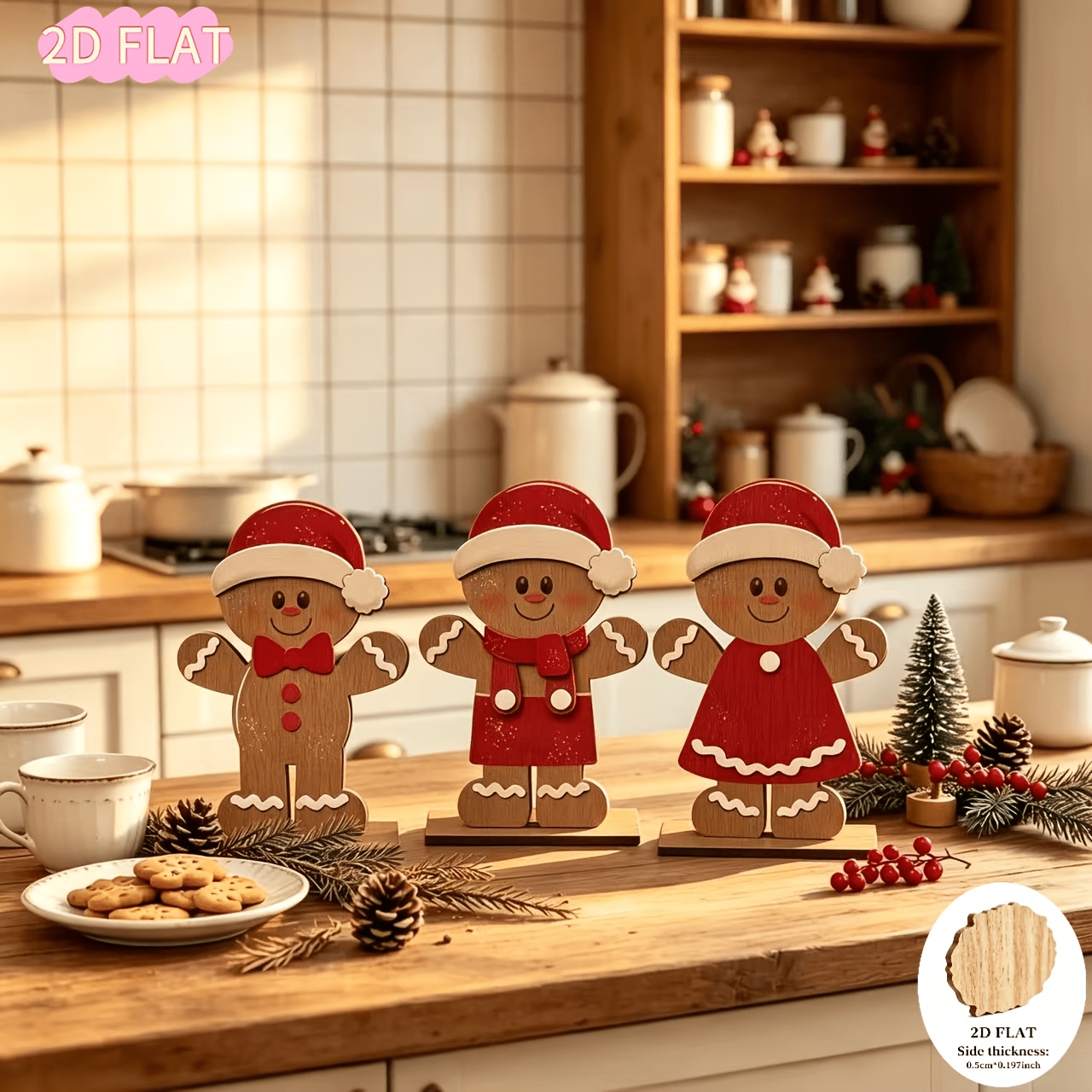 TEMU Ensemble d'ornements de bureau de Noël 2D plats, 3 pièces, homme d'épices en bois, rétro, avec chapeau de Père Noël, nœud papillon, écharpe et