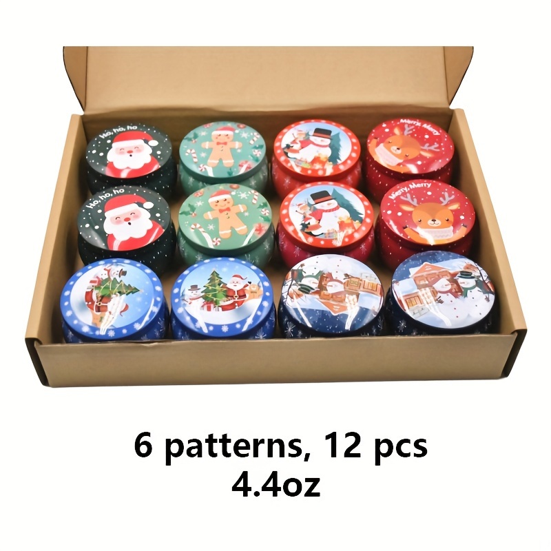 

Pack 12pcs In A Box. 6 Patterns. 4.4oz Christmas Aromatherapy Candle Empty , Used For Diy Aromatherapy Candles, Christmas Decorative Items, Candy Storage Box.