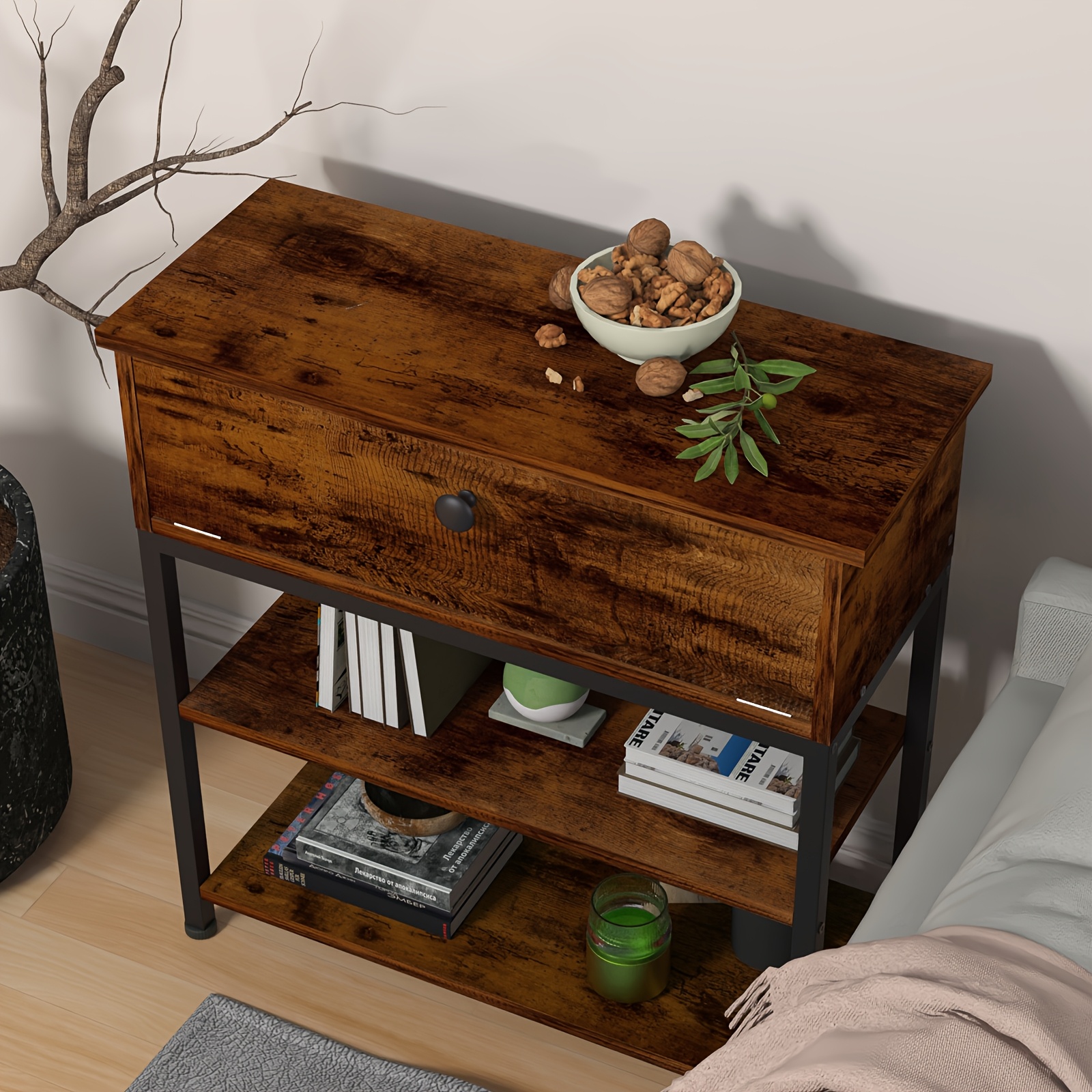 Image of Side Table, Vintage Coffee Table With 1 Drawer, Bedside Table For Small Spaces, Sturdy And , For Living Room, Bedroom, 55x26x63.5cm