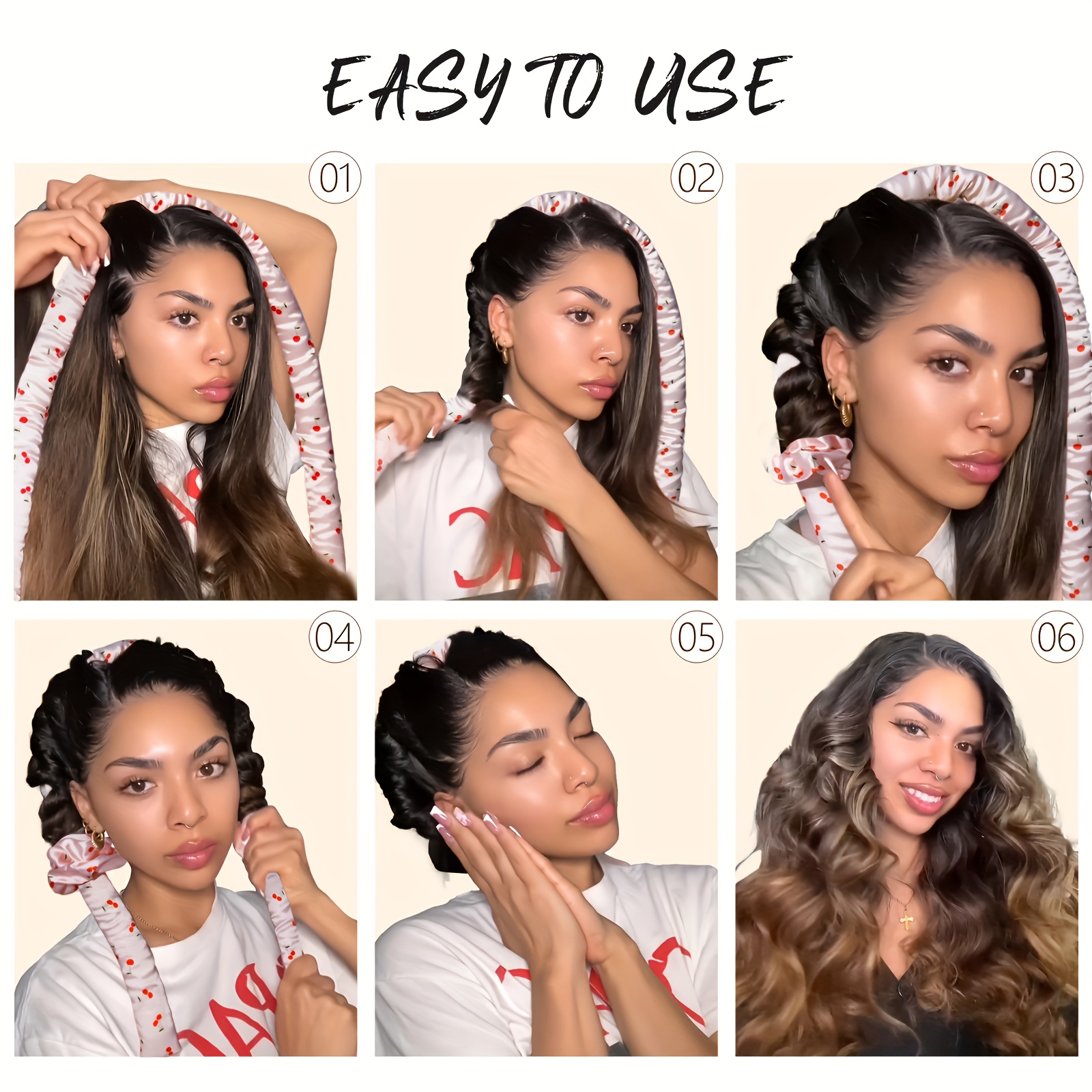 Ellitina 4pcs Cherry Print Satin Heatless Curler Set, Overnight Hair Curler to Sleep In, No Heat Curling Rods, with Satin Scrunchies And Clip