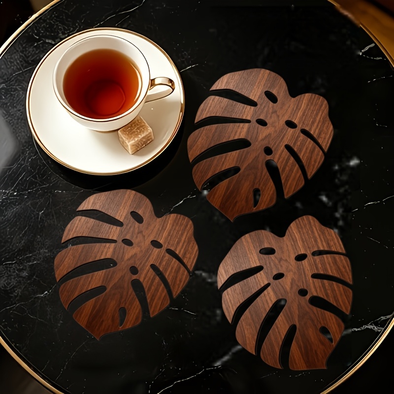 TEMU 2d Flat 6pcs Wooden Tray Set, Suitable For Home And Office - Hollow Wooden Plates With Leaf Design, Heat Insulation, Ideal For Coffee Tables,