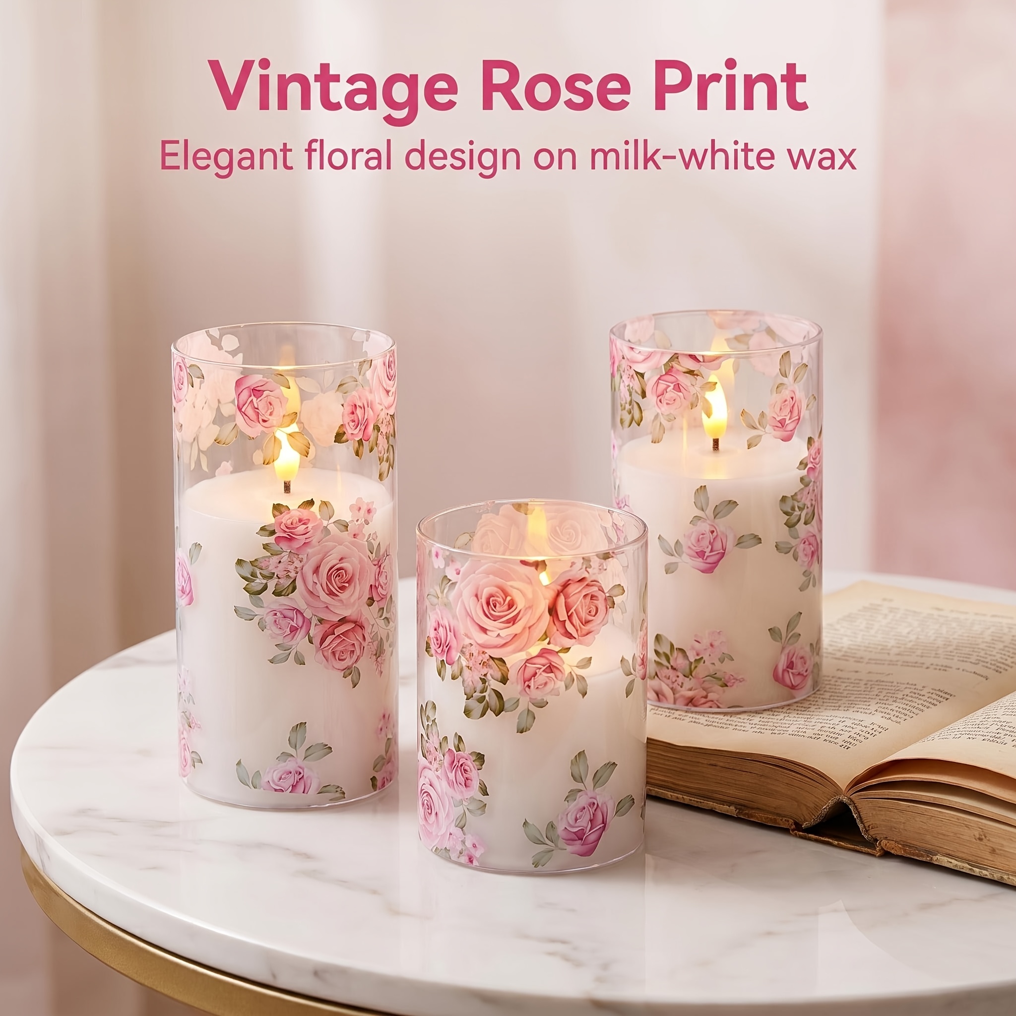 TEMU Flameless Rose Candles, Heart-themed Pink Led Candles, Battery-operated Or Battery-free - Home, Wedding, Bedroom, Room, Christmas, Valentine's