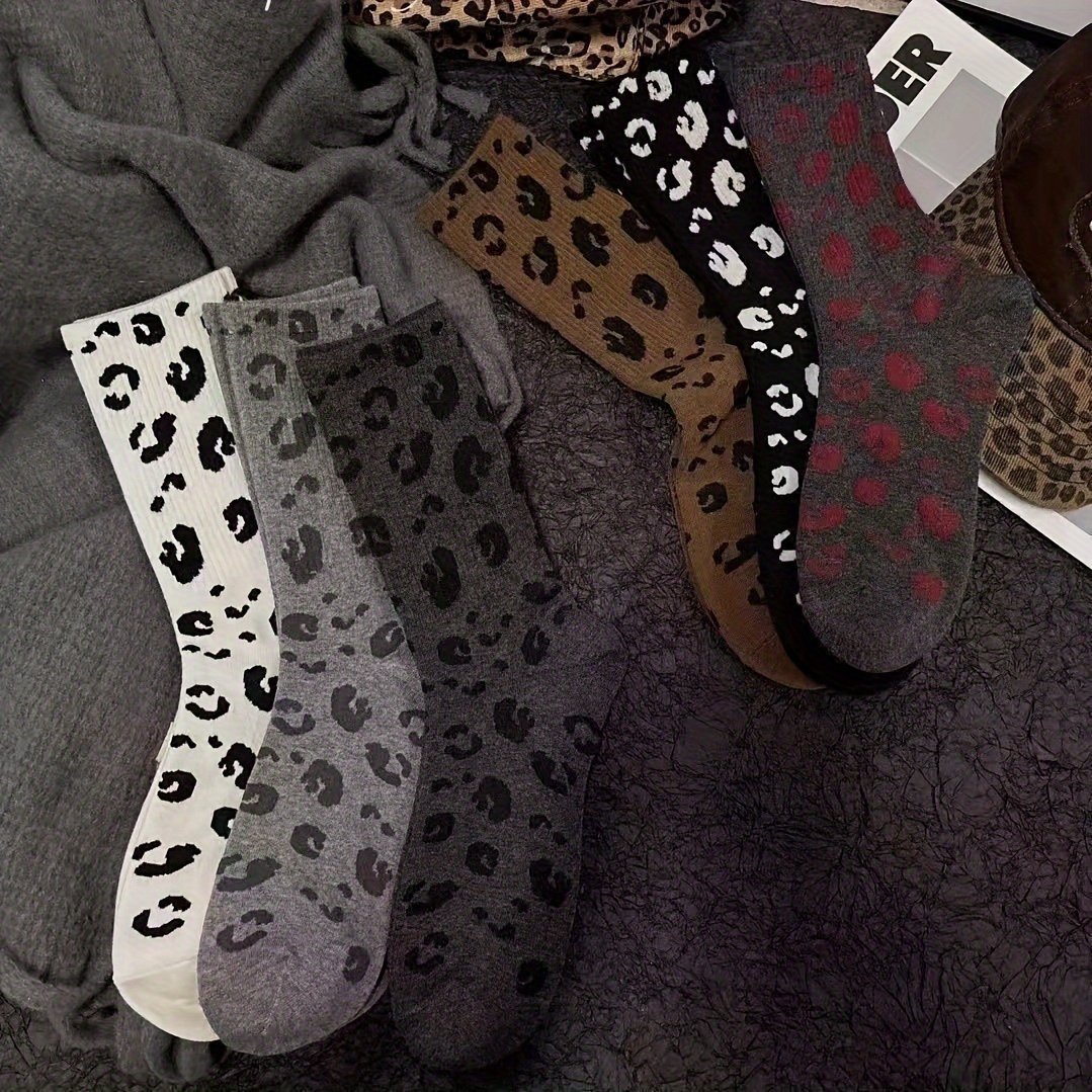 6 Pairs Of Women's New Leopard Print Personalized Fashion Style Breathable Sweat-absorbent Sports Mid-tube Trendy Socks