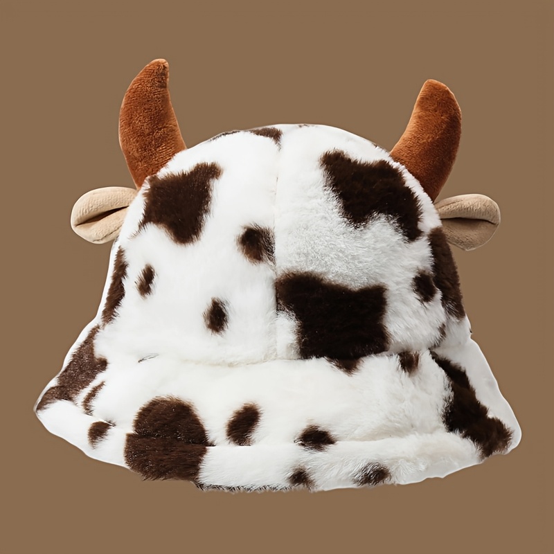 TEMU Cow Print Plush Fisherman Bucket Hat With 3d Horn Ears, Soft And Warm, Cute Cartoon Animal Hat, Women's Fall Winter Casual Style