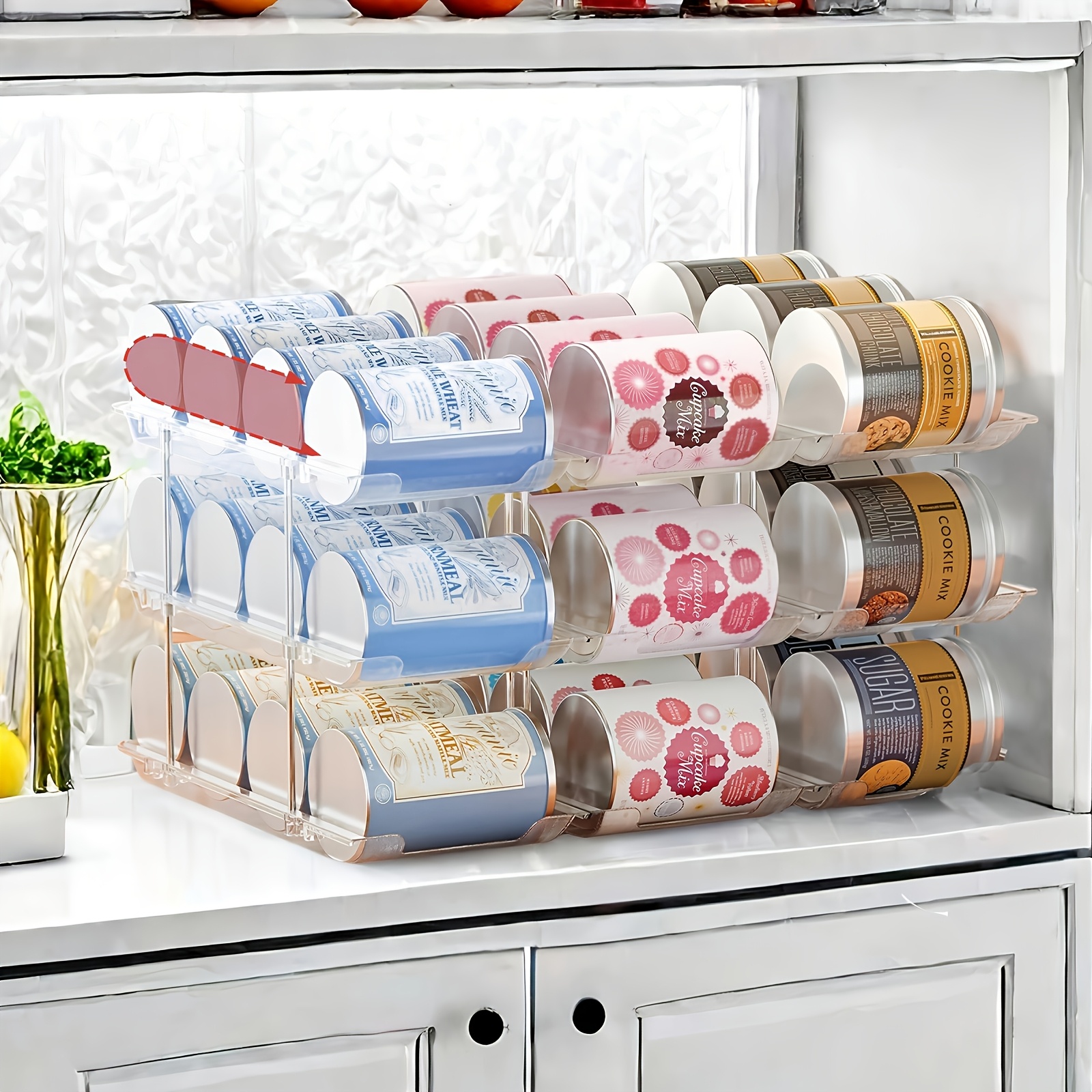 pantry can storage rack holds 36 cans 3 tiers 3pcs auto rolling stackable can storage rack transparent pet material suitable for soda soup vegetable cans kitchen garage dorm closet organizer tool free easy assembly
