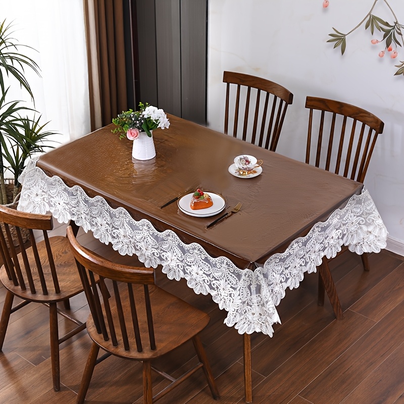 1pc elegant white   tablecloth with   lace trim rectangular pvc table cover for weddings parties and   machine made   coffee tables tea tables and party decorations party table decor elegant table setting intricate lace   table decorations