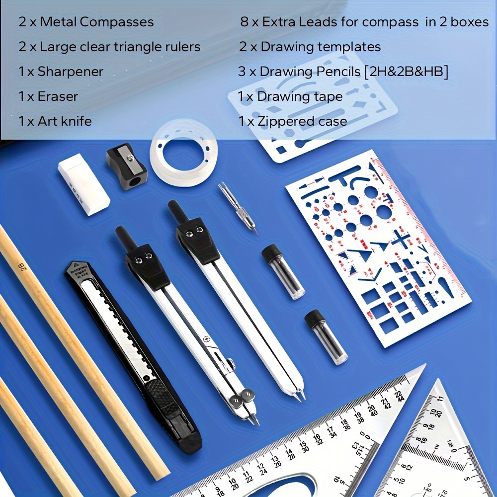 TEMU 22-piece Professional Precision Compass Drafting Set, Durable Metal Tools Kit With Portable Zipper Case, For Drawing, Mathematics, , Drawing, Sketching