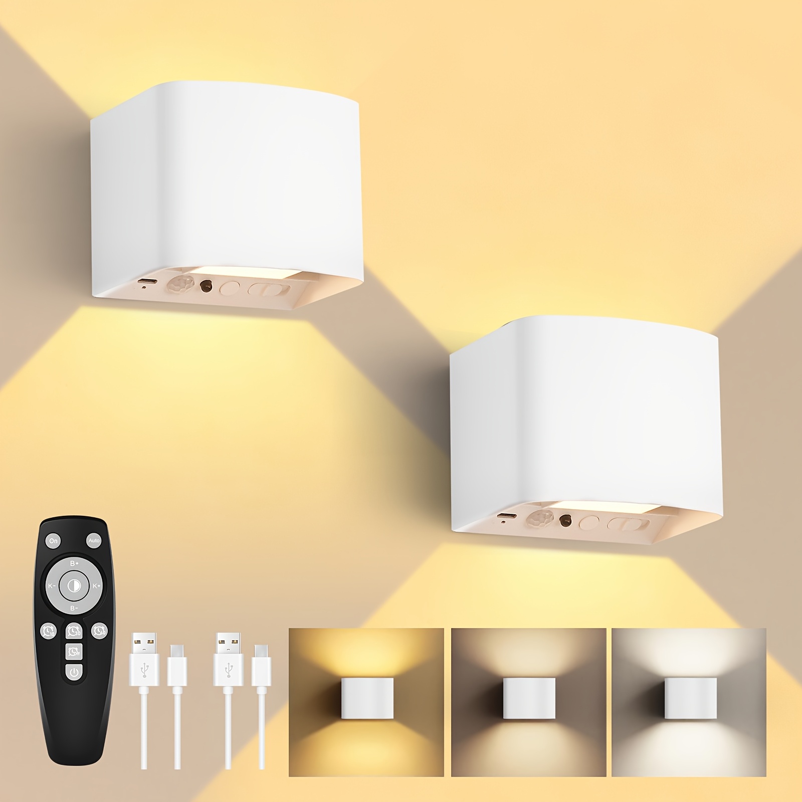 Uring Rechargeable Indoor Wall Light With Motion Sensor, Remote Control, 3 Colors, Up And Down Lighting, Indoor Led Wall Lamp, 3 , Rechargeable Battery Operated, Adjustable Brightness, 2 Pack