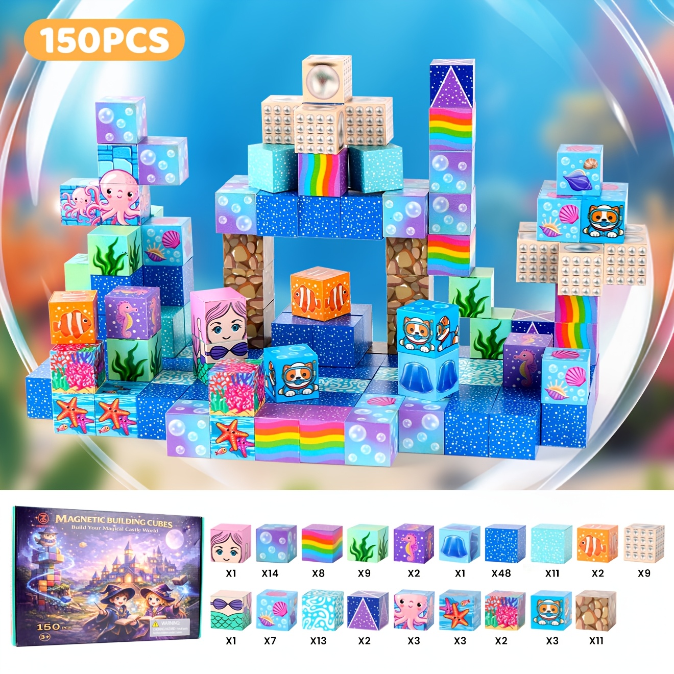 TEMU 150pcs Magnetic Building Blocks Toy Set Suitable For , Stem Construction With Mermaid Sea Life Blocks, Magnetic Base Compatible For Parent-child
