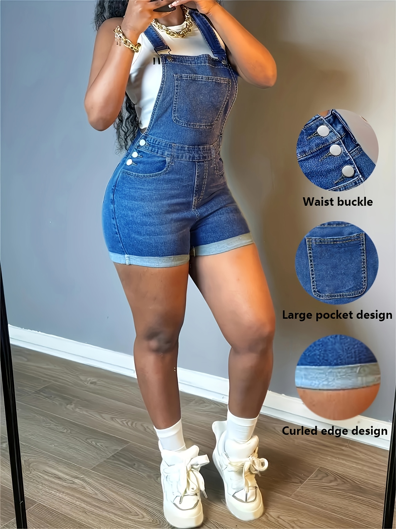 Navy Blue Women’s Plus Size Off-Shoulder Denim Overalls Shorts Romper – Adjustable Sleeveless Jean Dungarees with Pockets, Casual Summer Streetwear