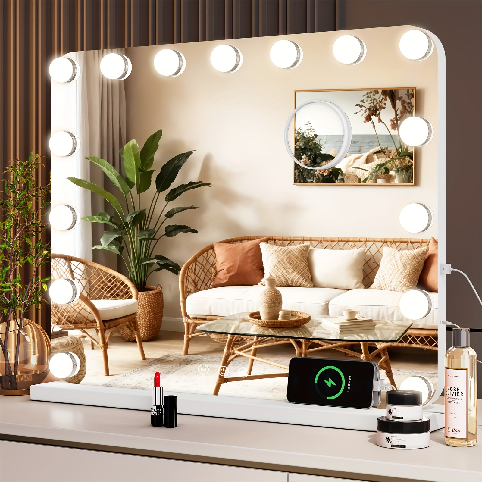 

Makeup Mirror With Lighting, 50x40cm, 15 Adjustable Led Lights, Mirror With Lights, 3 Lighting , And Detachable Magnifying Glass, Vanity Mirror, Wall Mirror, White