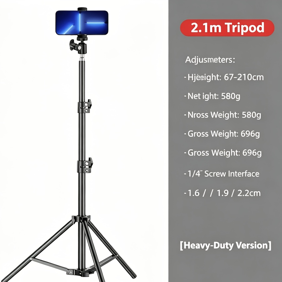 TEMU 2.1m Thickened Metal Mobile Phone Tripod, 67-210cm Adjustable Height Foldable Floor Phone Stand, Stable Support, Suitable For Video Recording,
