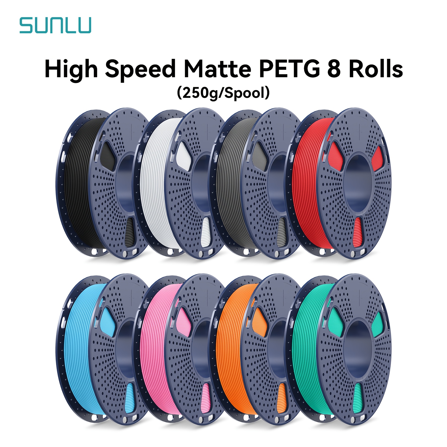 Image of Sunlu 2kg High Speed Matte Petg Filament, 3d Printer Filament Multi Color Set, 8 Pack 0.25kg Rolls, 1.75mm, 600mm/s Printing, Durable (black, White, Gray, Red, Sky Blue, Pink, Orange, Mint Green)