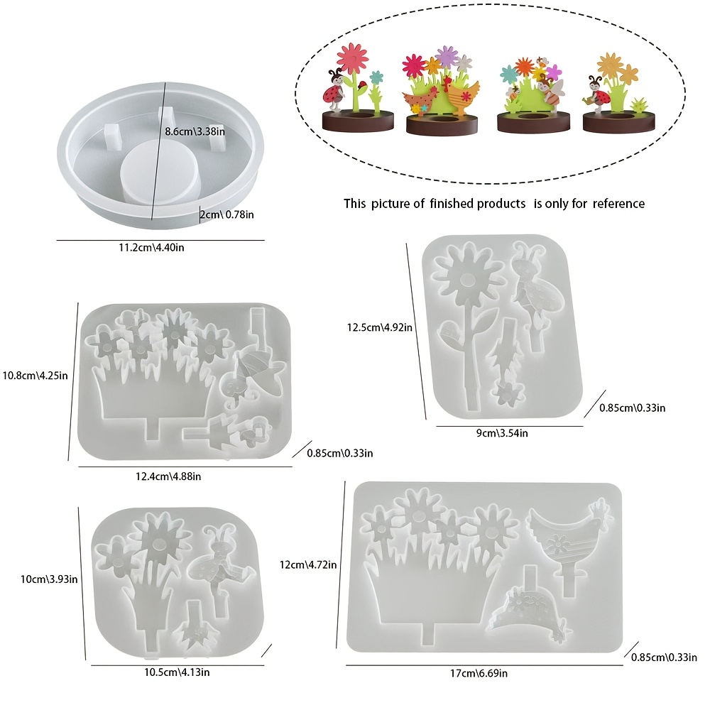 E-shop 5-teiliges Set Frühlingsmotiv Silikonformen, Runde Silikon Kerzenständerform Blume/Biene/Marienkäfer/Hahn/ Dekorationsformen für DIY Gips-